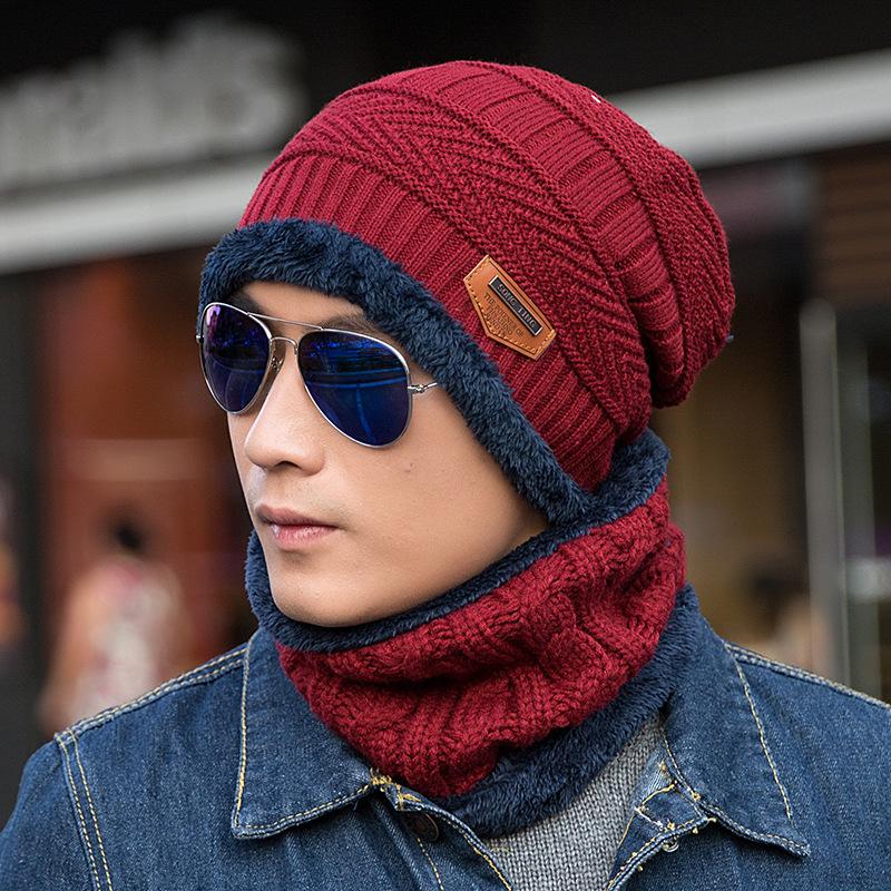 Men's Fleece Knitted Scarf Hat 2-piece Set Trendy Women's Warm Wool Hat Winter Student Cycling Cold