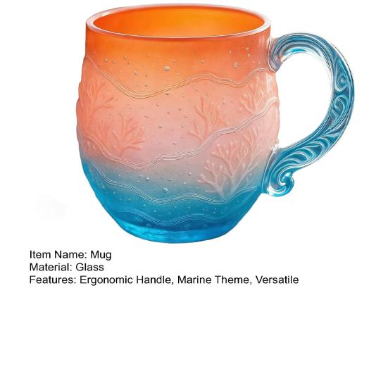 Кружка стеклянная «Океанский закат» Чашка для кофе в морском стиле с ручкой в виде волны Градиентные цвета Чашка для чая для горячих и холодных напитков