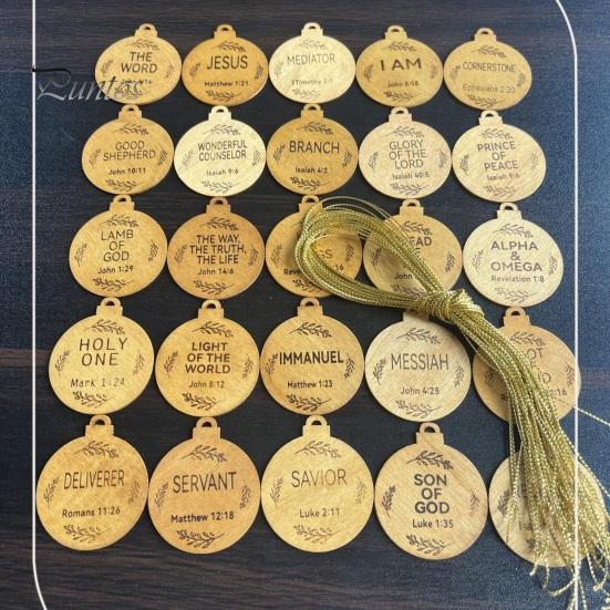 25Pcs Names of Jesus Ornaments Wooden Christmas Tree Decoration Name of Jesus Advent Hanging Sign for Tree Window Door Car Church Decor