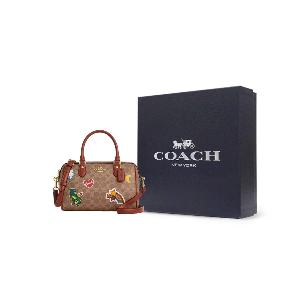 COACH Rowan Coated Canvas Shoulder Bag, Crossbody Bag, Handbag Medium Womens Tan Multicolor