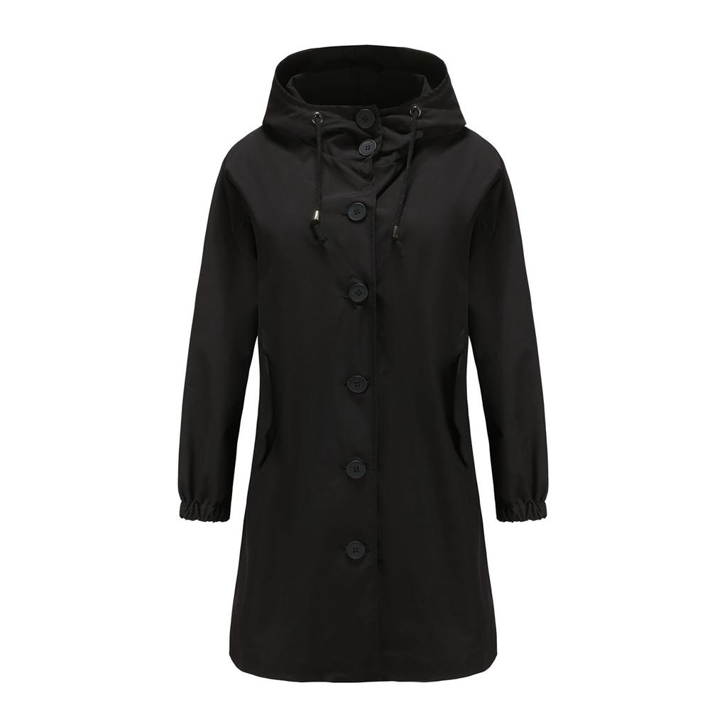 Women's Fashionable Solid Color Hooded Long Sleeved Zipper Pocket Waterproof Windbreaker Loose Trench Coat Jacket