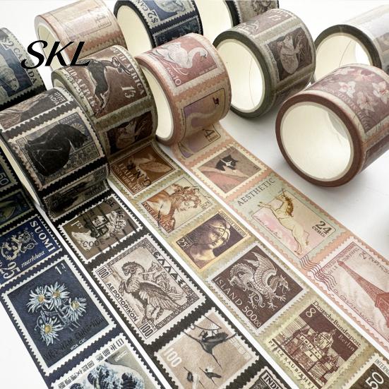 Classical Stamp Tape Vintage Washi Roll, Aesthetic Decorative Masking Tape, Retro Roll Adhesive for DIY Art Crafts, Journaling Scrapbooking Supplies