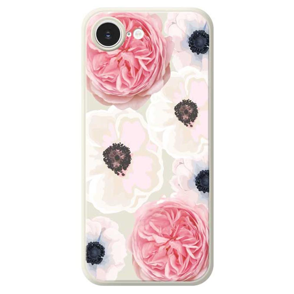 For iPhone 16e Case White and Pink Flower Pattern Printing Straight Edge TPU Phone Back Cover
