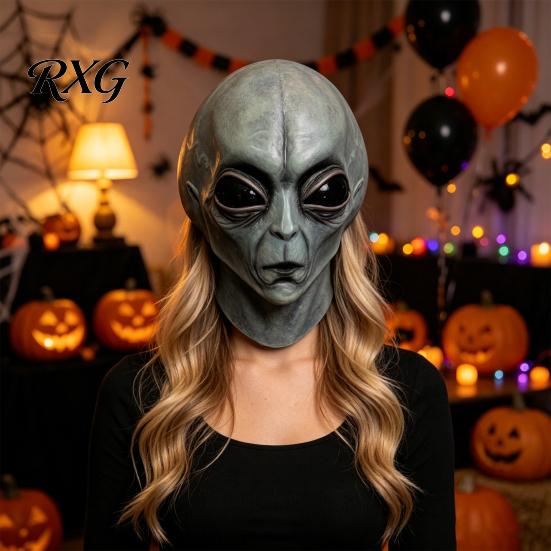 Detailed Alien Cosplay Accessory Halloween Grey Mask, Latex Full Head UFO Mask with Big Simulated Eye Eyes, Soft Sci Fi Party Prop for Adults,