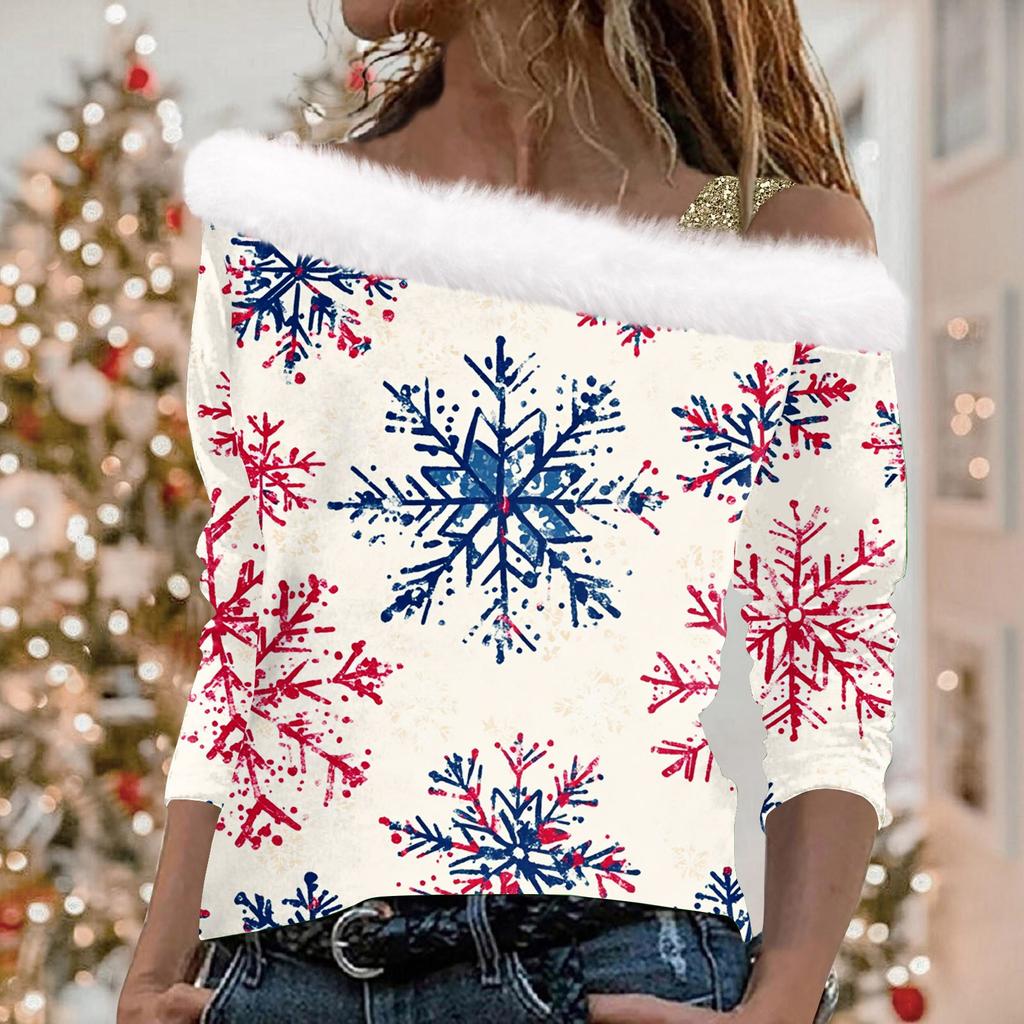 Женский повседневный модный топ с длинными рукавами и открытыми плечами с рождественским принтом из плюша