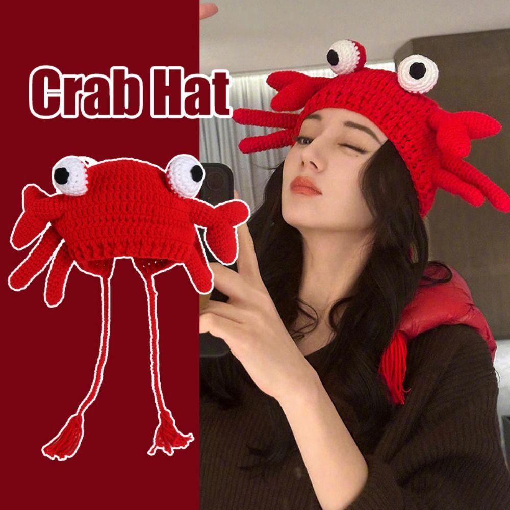 Eyes Crab Pullover Cap Knit Drawstring Hat Sweet Crab Beanies Hat Outdoor
