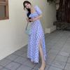 Летнее женское синее французское длинное платье с цветочным принтом в стиле Хепберн с пышными рукавами и разрезом