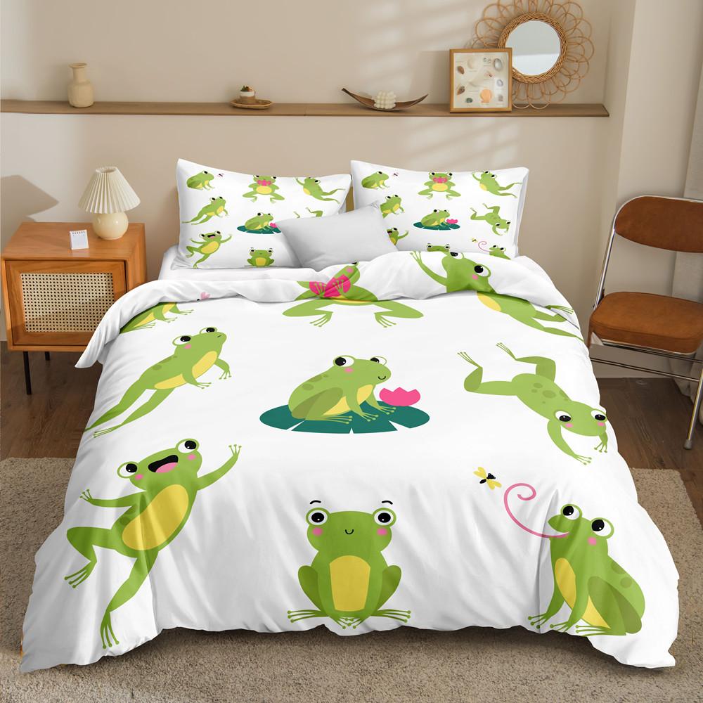 Animal Frogs Duvet Cover Set King Queen Size Green Lovely Cartoon Frog Bedding Set Kids Toad 2/3pcs Polyester Comforter Cover