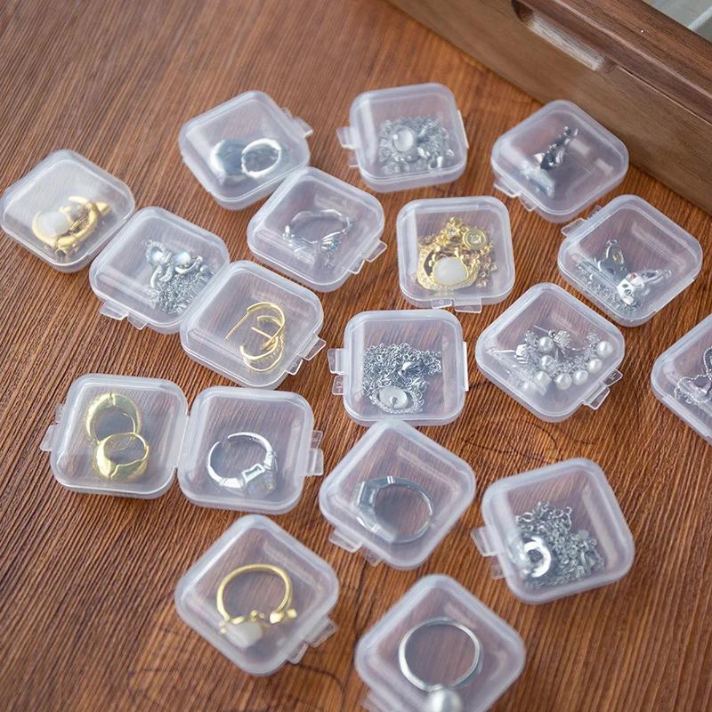 100/1pcs Mini Jewelry Storage Boxes Plastic Transparent Square Storage Box for Pill Earrings Rings Dustproof Protection Pack Box