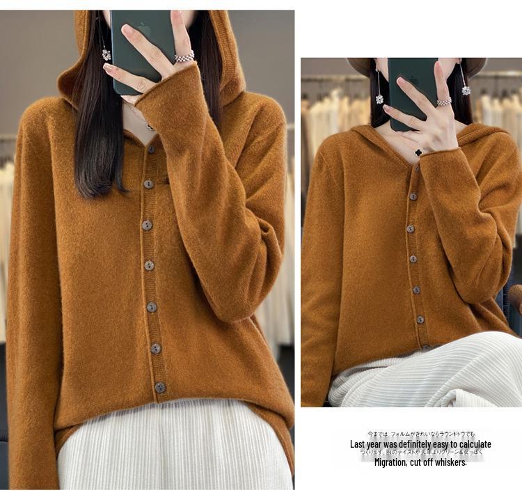 Women's 100% Wool Hooded Cardigan - Versatile Autumn/Winter Pure Color Knit Jacket