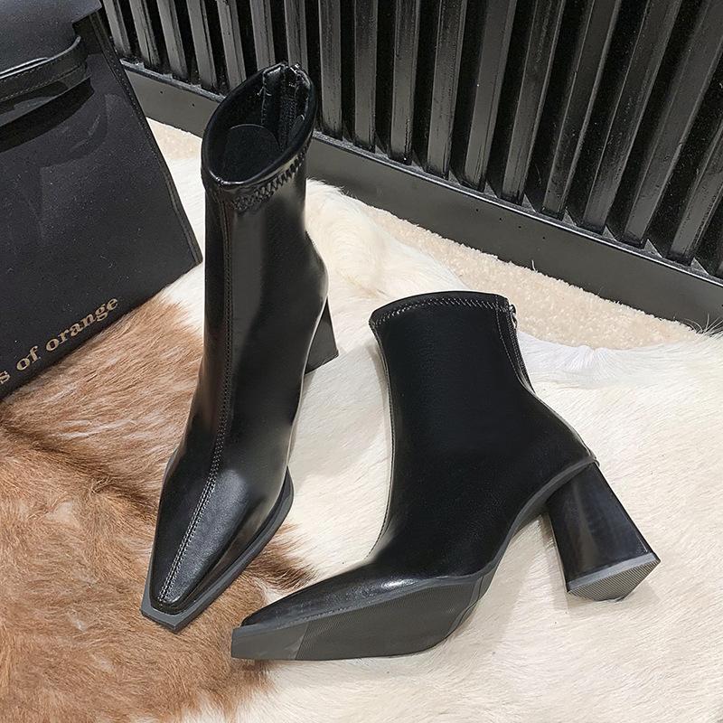 Short boots women's high heels 2024 autumn and winter new velvet thick heel French small ankle boots rear zipper elastic pointed thin boots