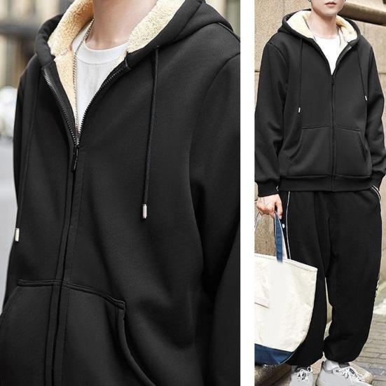 Мужское зимнее пальто, толстый мягкий плюшевый кардиган с капюшоном на шнурке и длинными рукавами, теплая однотонная мужская куртка