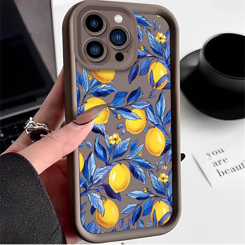 Акварельный освежающий чехол с лимоном и синими листьями для iPhone 17 Air 16 E 15 14 Plus 13 12 Mini 11 Pro Max Силиконовый пылезащитный чехол