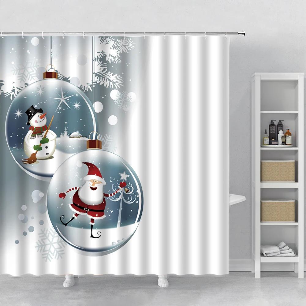 Happy Snowman Christmas Shower Curtain Snowflake Santa Claus New Year Gift Bathroom Waterproof Bath Curtain Home Decor With Hook