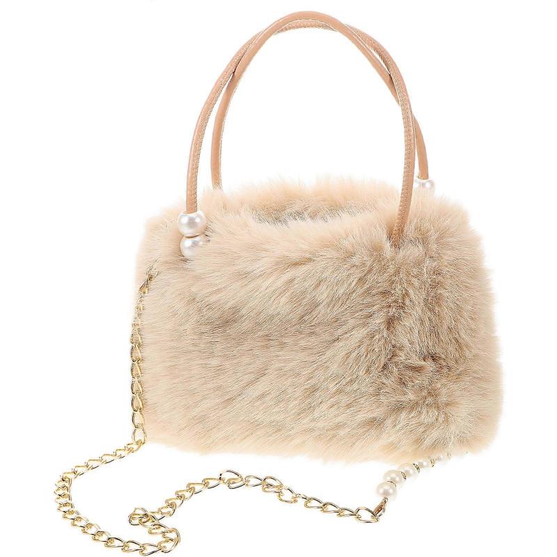 Plush Fluffy Tote Bag for Women with Pearl Chain, Large Capacity Elegant Shoulder Handbag for Winter, Versatile Crossbody Purse