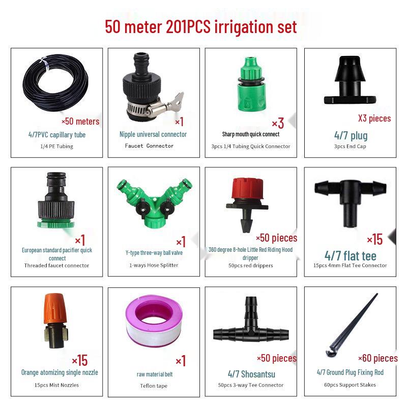 Automatic 50m Drip Irrigation Kit for Garden, Flower Watering, and Cooling Atomization