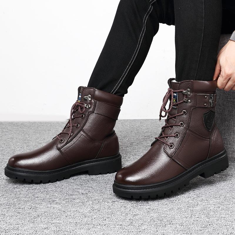 Men's High Top Leather Martin Boots - Cowhide, Winter Plus Velvet, Non-Slip, Thick Warm Cotton, Snow Work Boots