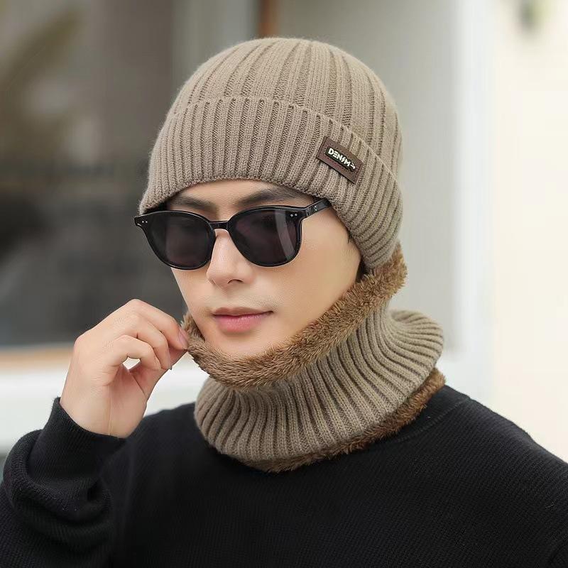 Knitted Hat, Autumn and Winter Men's Warm and Velvet Fashionable Woolen Hat New Versatile Ear Protection Hat Scarf Cold Protection Hat Thick Hat