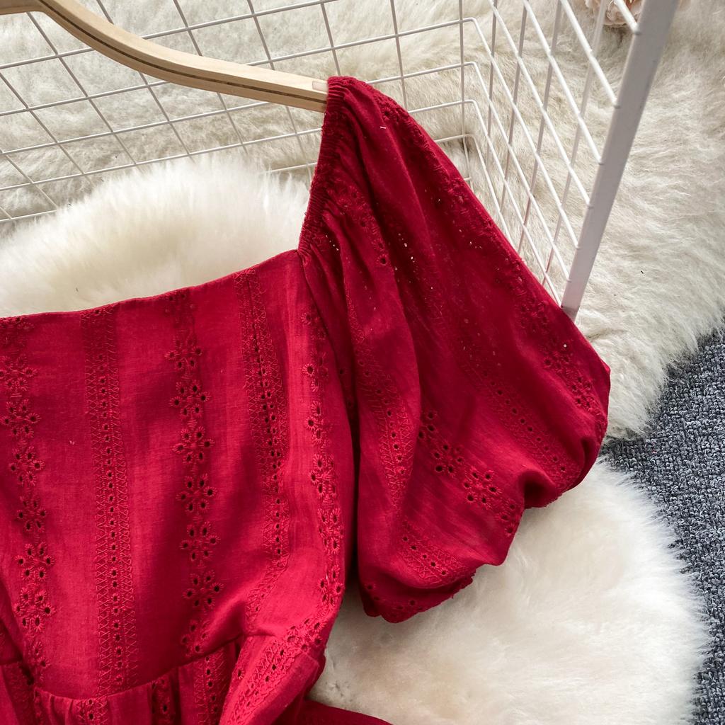 Summer Bohemian White Dress for Women Clothing Hollowed Out Square Neck Reduced Age Puff Sleeves Slim Embroidered Long Dress