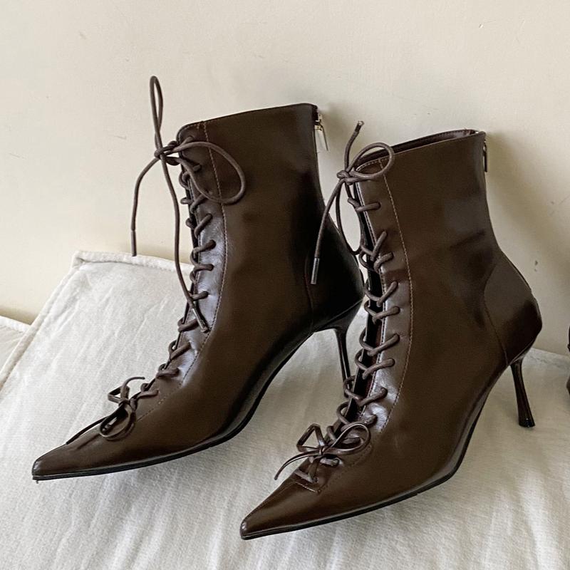 Модная Eilyken 2026 Новая Весна Женские Ботильоны с Острым Носком Модные Узкие Ремешки Тонкий Каблук Шнуровка Застежка-Молния Короткие Ботильоны Обувь