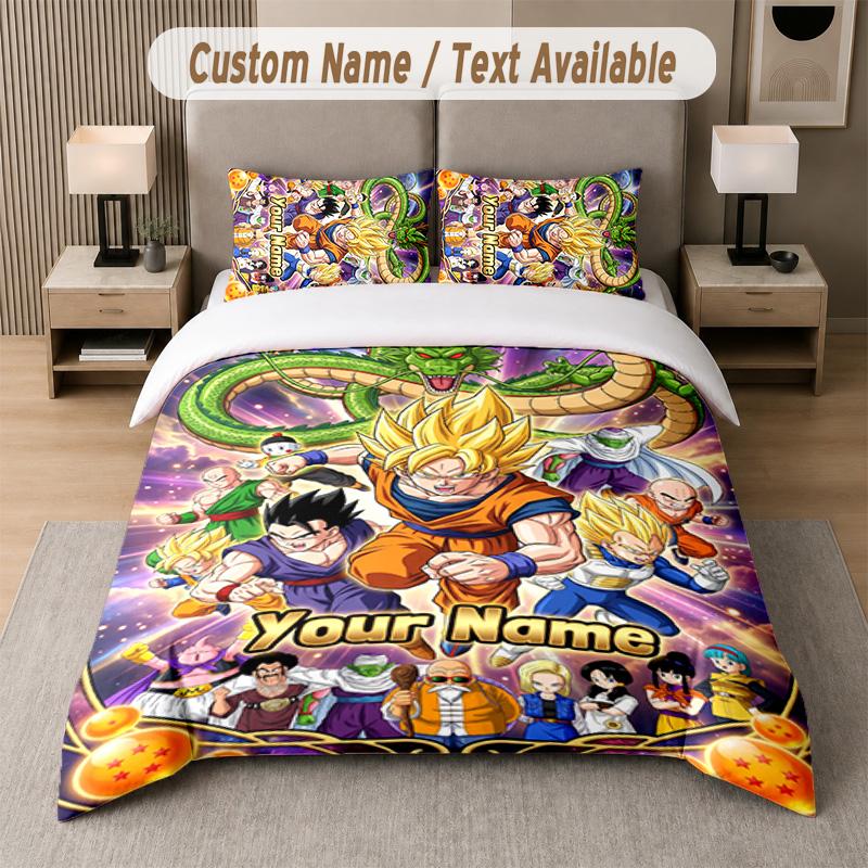 Dragon Ball 3Pcs Bedding Set, Personalized Custom Name Text, 1 Duvet Cover & 2 Pillowcases For Bedroom