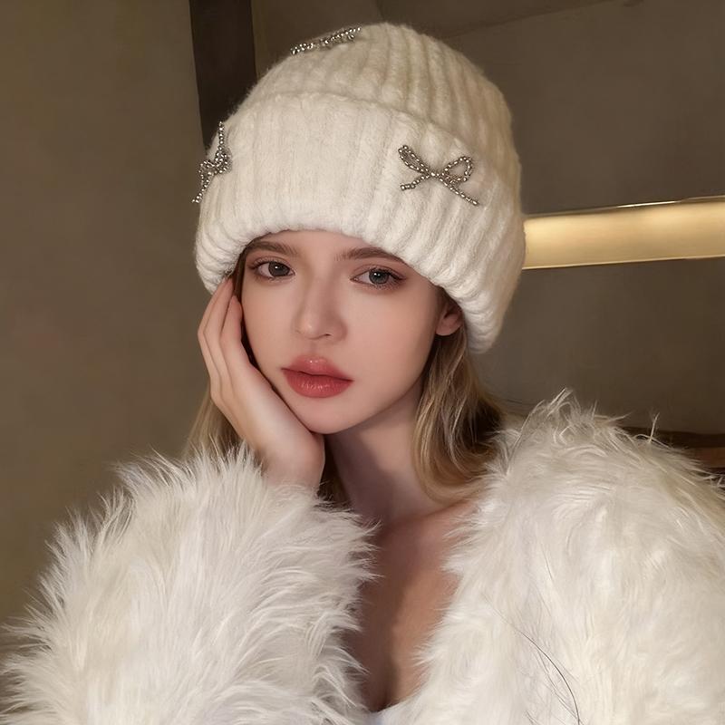 1pc Women Y2k Bow Pearl Knitted Hats Angora Rabbit Fleece Bow Winter Hat Women Fluffy Warm Beanies Plush Thick Skullies Caps