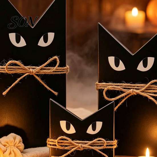 Holiday Shelf Sitter 3 Pcs Halloween Black Cat Wooden Block Sign, Vintage Table Decoration Rustic Tiered Tray Decor with Burlap Rope, Farmhouse