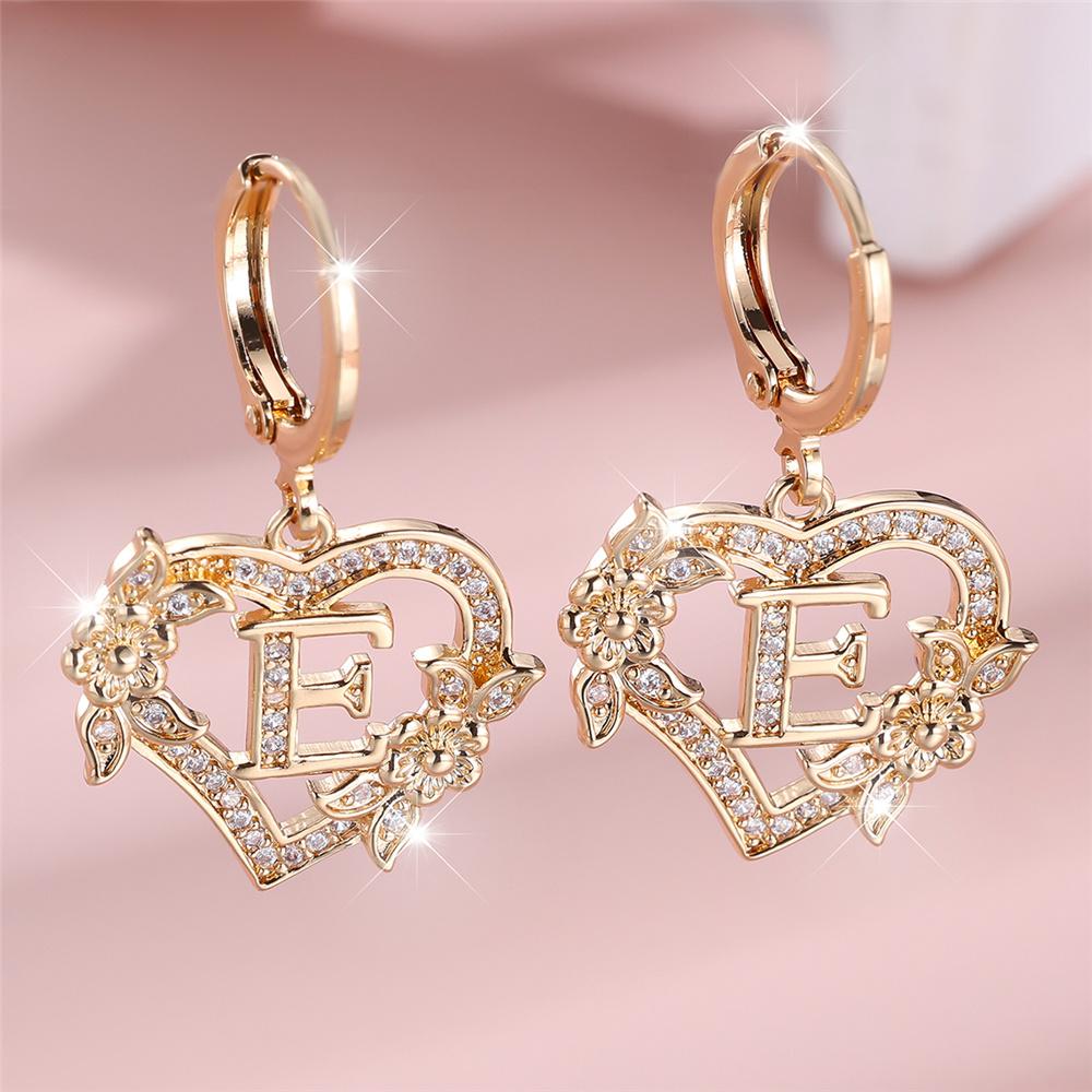 Female A-Z 26 Letter Heart Flower Hoop Earrings Yellow Gold White Zircon Wedding Jewelry For Women