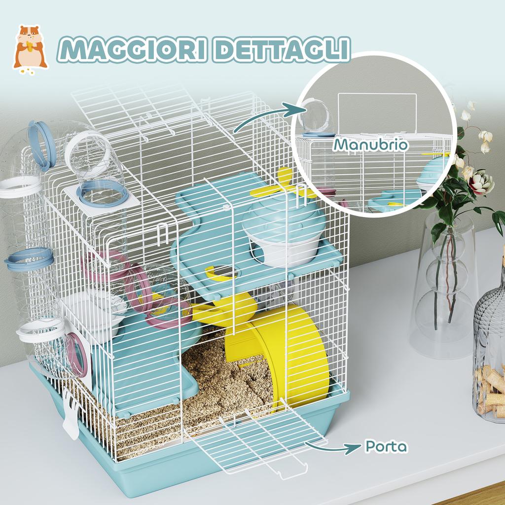 3-Level Hamster Cage with Exercise Wheel, Water Bottle, Food Bowl, for Dwarf Hamsters, 34.5 x 27.5 x 41 cm, Blue