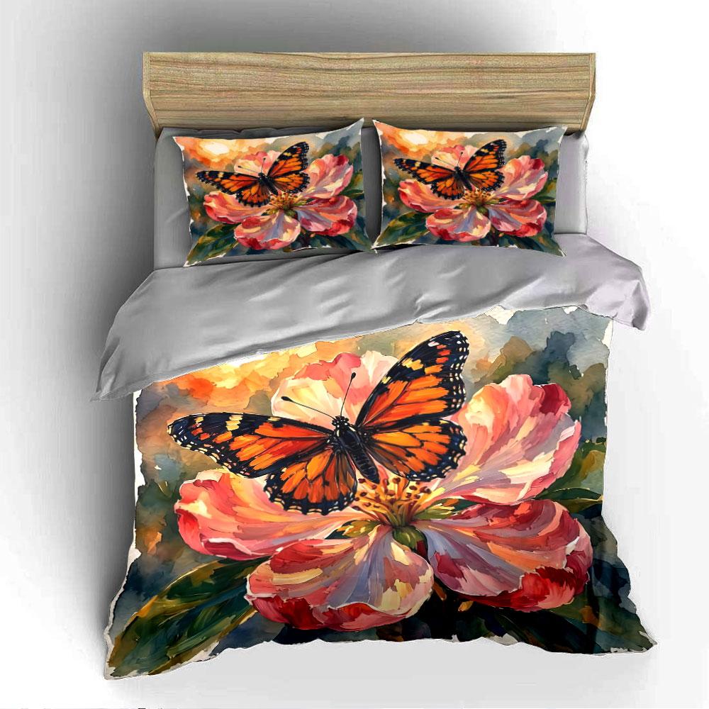 Butterfly on Vibrant Flower Bedding Duvet Cover Set Duvet Cover Pillowcases (1*Duvet Cover 2*Pillowcases, without duvet insert)