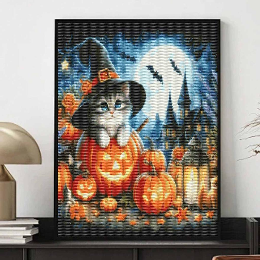 Halloween 5D Diamond Full Diamond Art Painting Kit Cute Cat Pumpkin Moon Home Decor DIY Wall Crafts For Living Room Office Wall Art