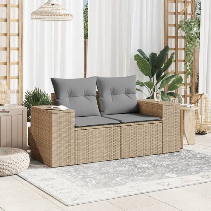 VidaXL Canapé de jardin avec coussins 2 places beige résine tressée 366108
