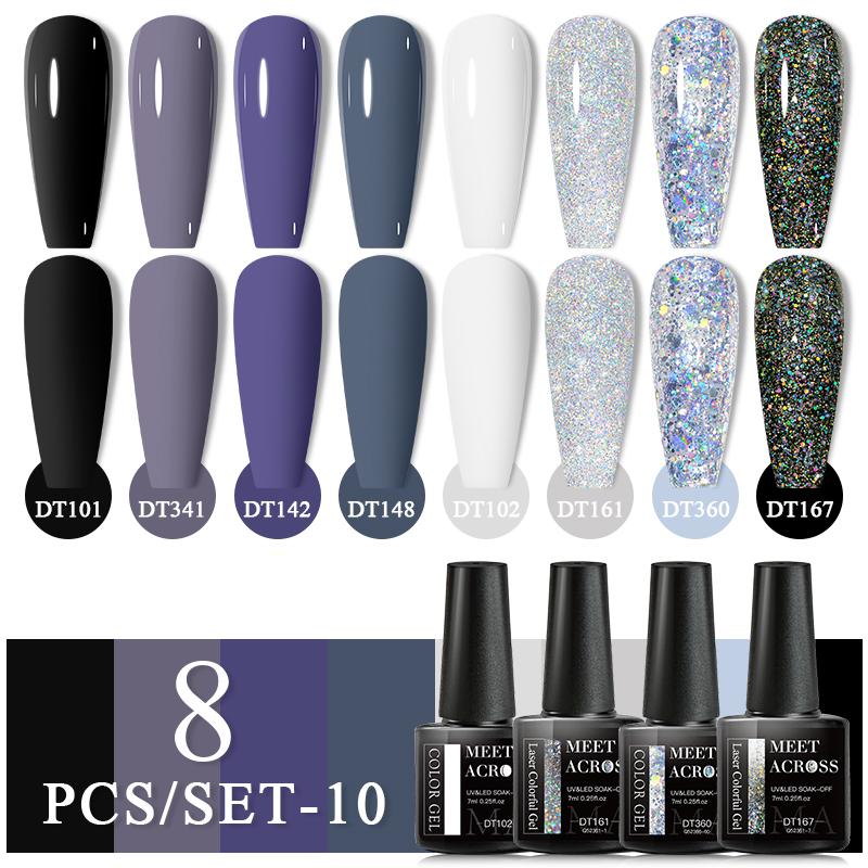 MEET ACROSS 8 шт./компл. цветной гель-лак для ногтей с блестками, набор гель-лаков с блестками, полуперманентный замачиваемый УФ-светодиодный гель-лак для маникюра