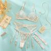 Fancy Irregular Embroidery Lingerie 4 Pcs Sets Sexy Mesh Patchwork See Through Bras And Panties Garter Suits Erotic Set