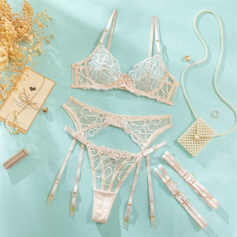 Fancy Irregular Embroidery Lingerie 4 Pcs Sets Sexy Mesh Patchwork See Through Bras And Panties Garter Suits Erotic Set