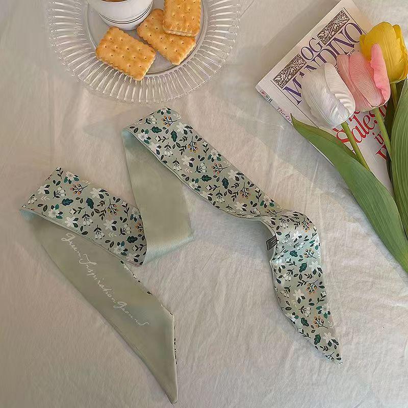 Маленький белый и нежно-зеленый шелковый шарф для женщин, тонкая лента, повязка на голову, резинка для волос, украшение для сумки, длинный