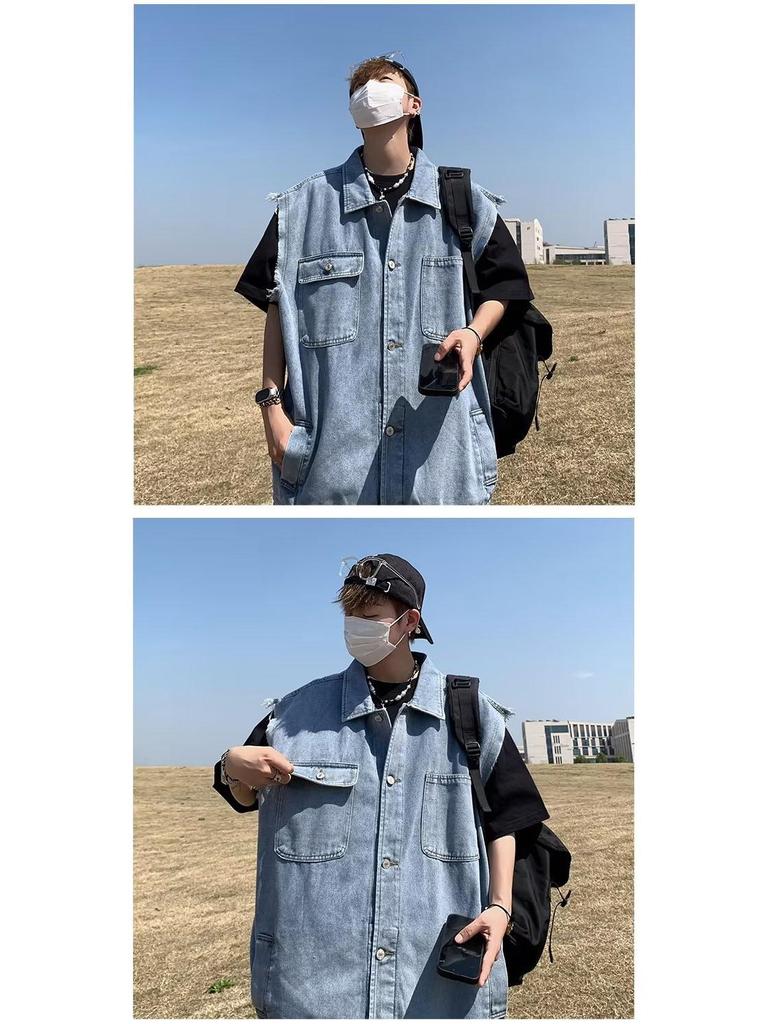 Men's Retro Denim Hong Kong Style Trendy Sleeveless Waistcoat Jacket