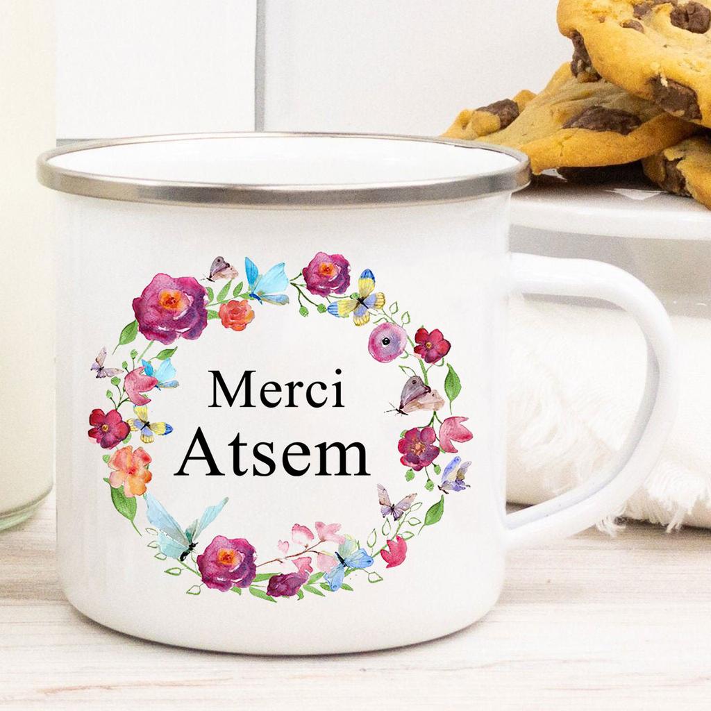 Французский Спасибо Atsem Принт Эмалированные Кружки Креативная Кофейная Кружка Напиток Сок Молоко Чашки Школа Дом Ручка Посуда Подарки Учителю