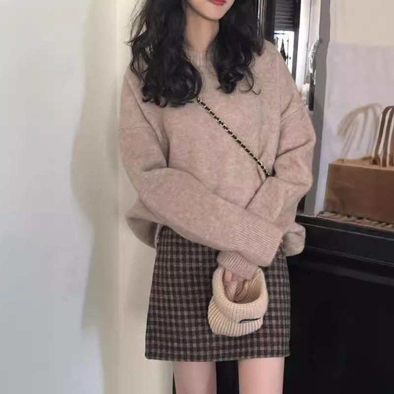 Ретро дизайн мягкий восковой пуловер с круглым вырезом женский осенне-зимний новый свободный ленивый ветер вязаный свитер топ