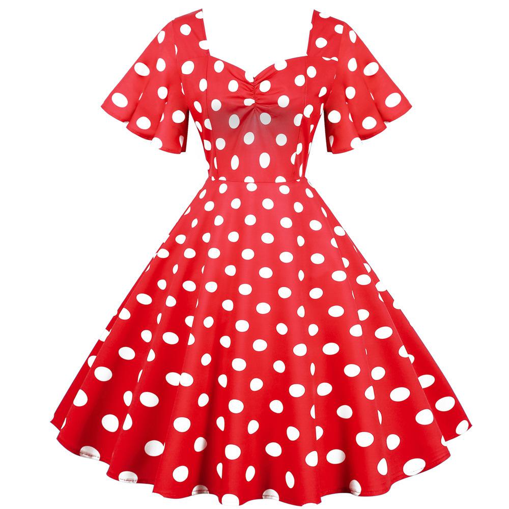 2021 Retro Polka Dot Print Swing Dress with Belt - Casual & Slim Fit