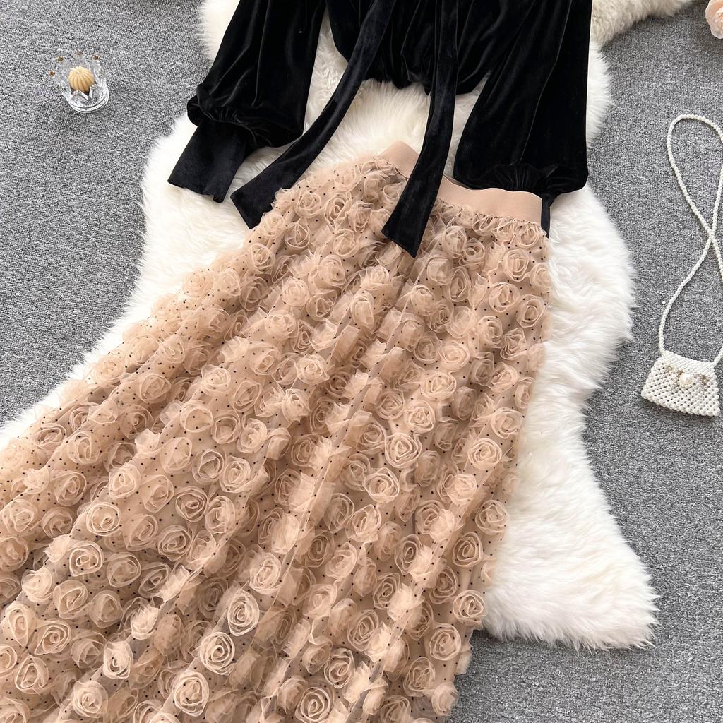 Korean Three-Dimensional Flower High Waist Slim Skirt Loose Bubble Sleeve Velvet Top Sweet Suit Skirt Two-Piece Set
