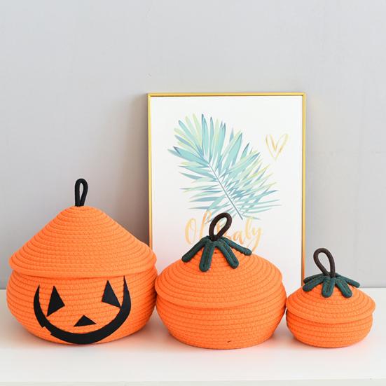 Halloween Woven Pumpkin Basket with Lid Empty Rope Woven Basket Trick or Treat Pumpkin Storage Bin Candy Snack Container