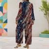 Women Plus Size Round Neck Long Sleeve Printed Top And Wide Leg Pants Two Piece Set