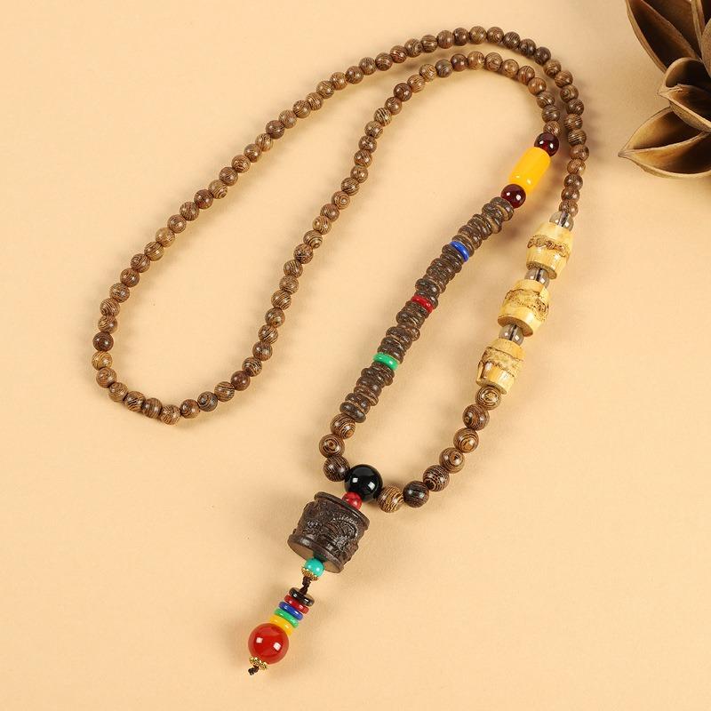Retro Versatile Men's and Women's Sweater Chain Long High-end Wooden Pendant Buddha Bead Necklace Pendant Cotton and Linen Accessories