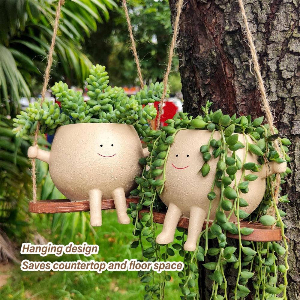 Качающийся горшок для цветов с милым улыбающимся лицом, смоляной цветочный горшок с качелями, настенный цветочный горшок, садовые принадлежности