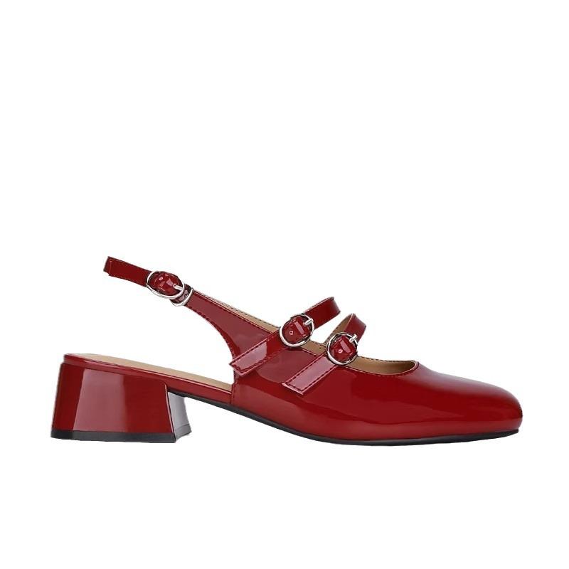 Туфли Мэри Джейн женские французские ретро маленькие красные туфли лето 2024 новые средний каблук двубортные с открытым верхом на толстом каблуке одинарные туфли