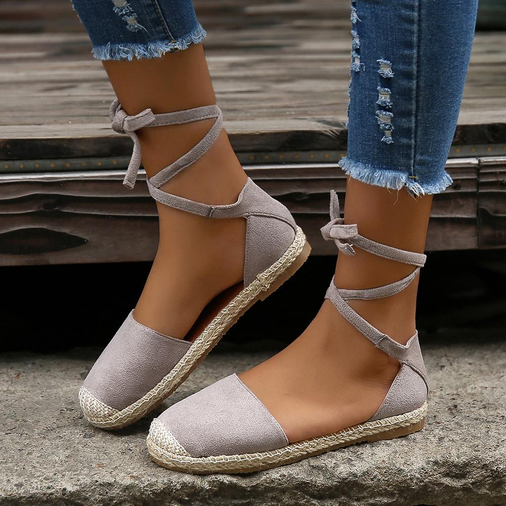 Fashion Women Sandals Summer Fashion Round Toe Solid Casual Shoes Flat Ankle Lace Up Rattan Straw Sole Roman Sandals Designer Sandals