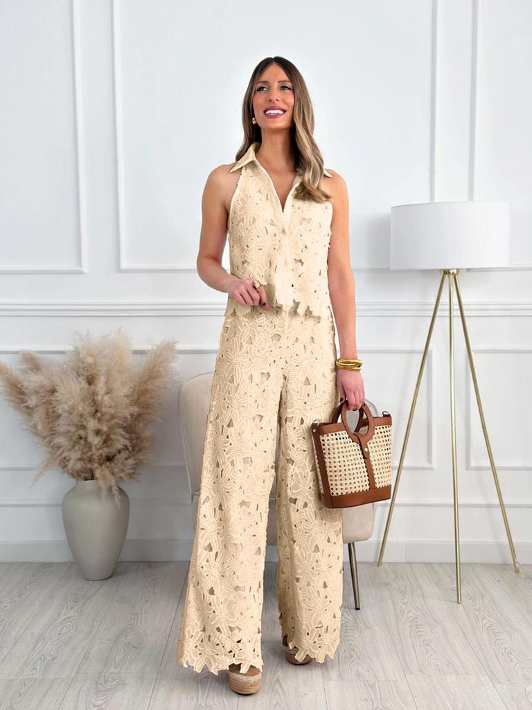 French Summer Embroidered V-Neck Cutout Tank & Wide-Leg Pants Set