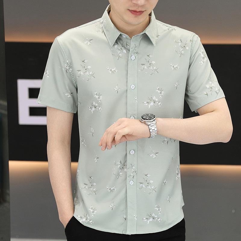 Ice Silk Summer Trend Printing Collision Casual Short-sleeved Shirt Men's Thin Section of Youth Loose Versatile Men's Shirt