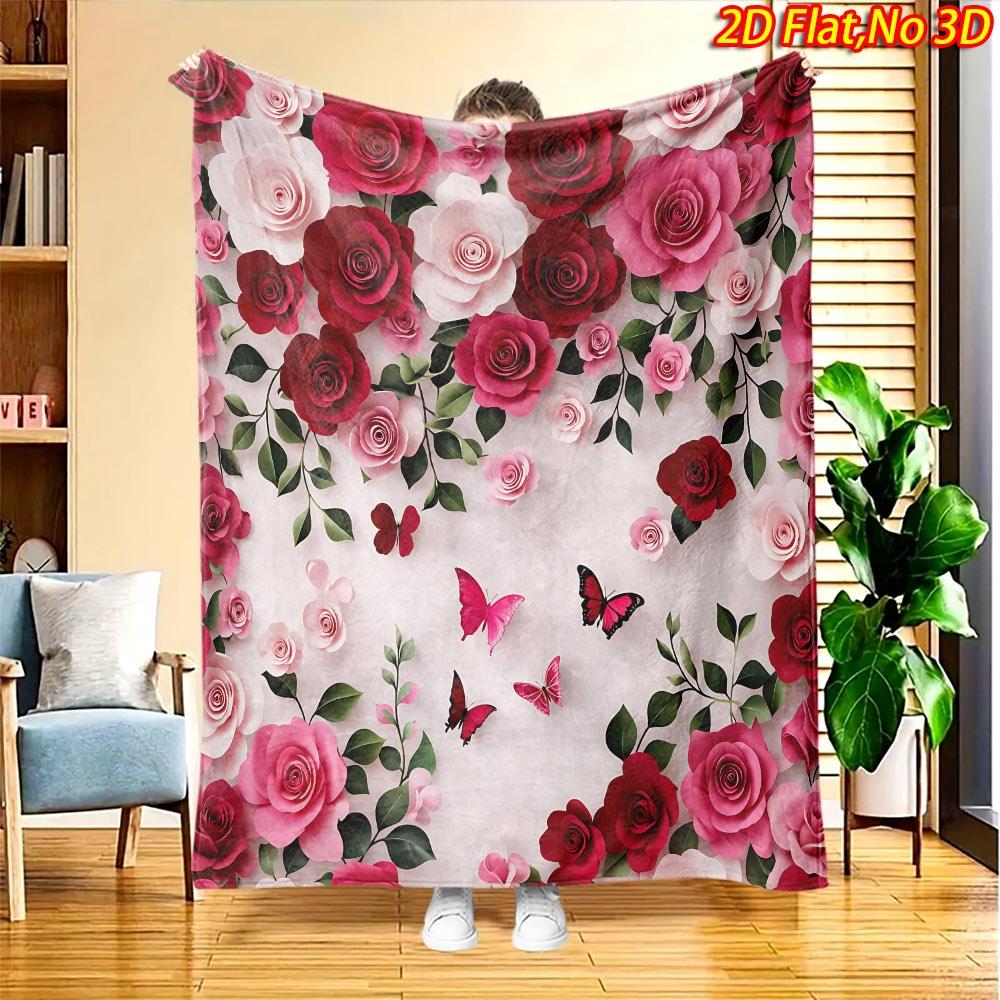 1pc Pink White Red Rose & Butterfly Blanket Suitable for All Seasons, Soft Flannel Throw Bedspread, Machine Washable Cozy Bedspread for Couch Sofa, 10